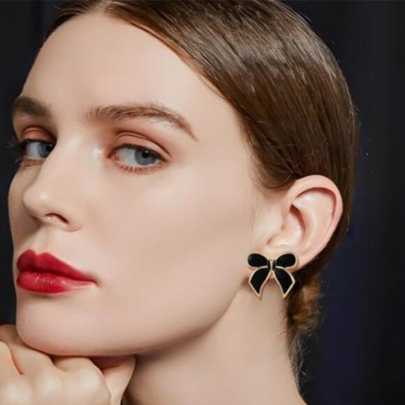 Elegant Black Bow Earrings – 18K Gold Plated, Chic and Shiny - Picture 1 of 6